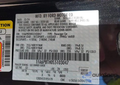 2025 Ford Mustang Ecoboost Premium Fastback z USA, uszkodzony, nr VIN 1FA6P8TH0S5103047